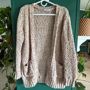 Open-Front Speckled Knit Cardigan Sweater Cream Neutral